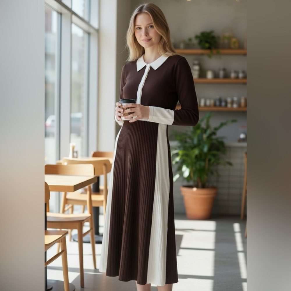 NWOT Rivir Chic Long Sleeve Brown and White Midi Dress Size Large